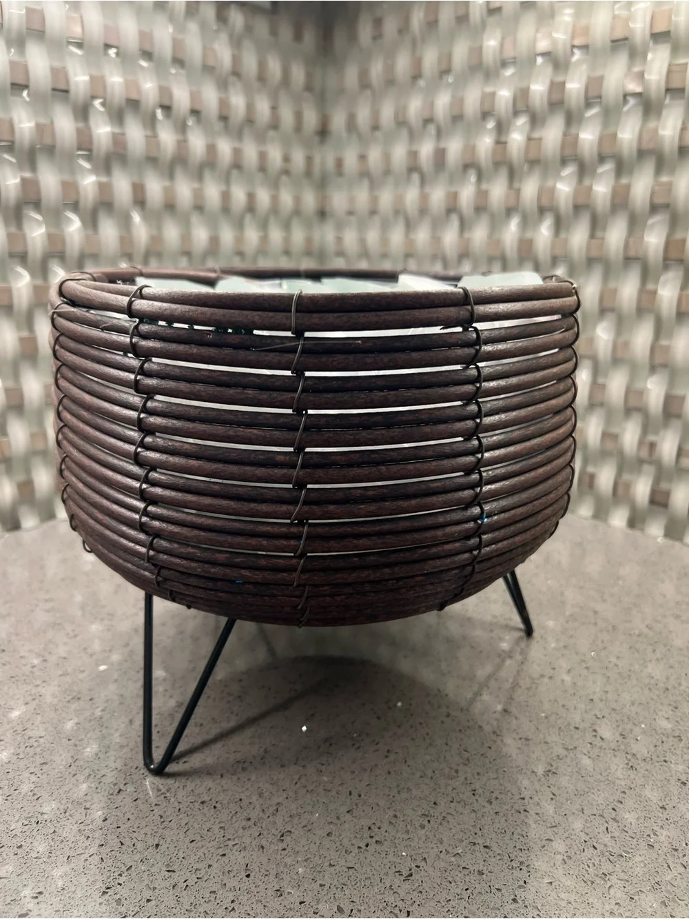 Dark Brown Woven Decorative Planter Bowl with Black Metal Legs